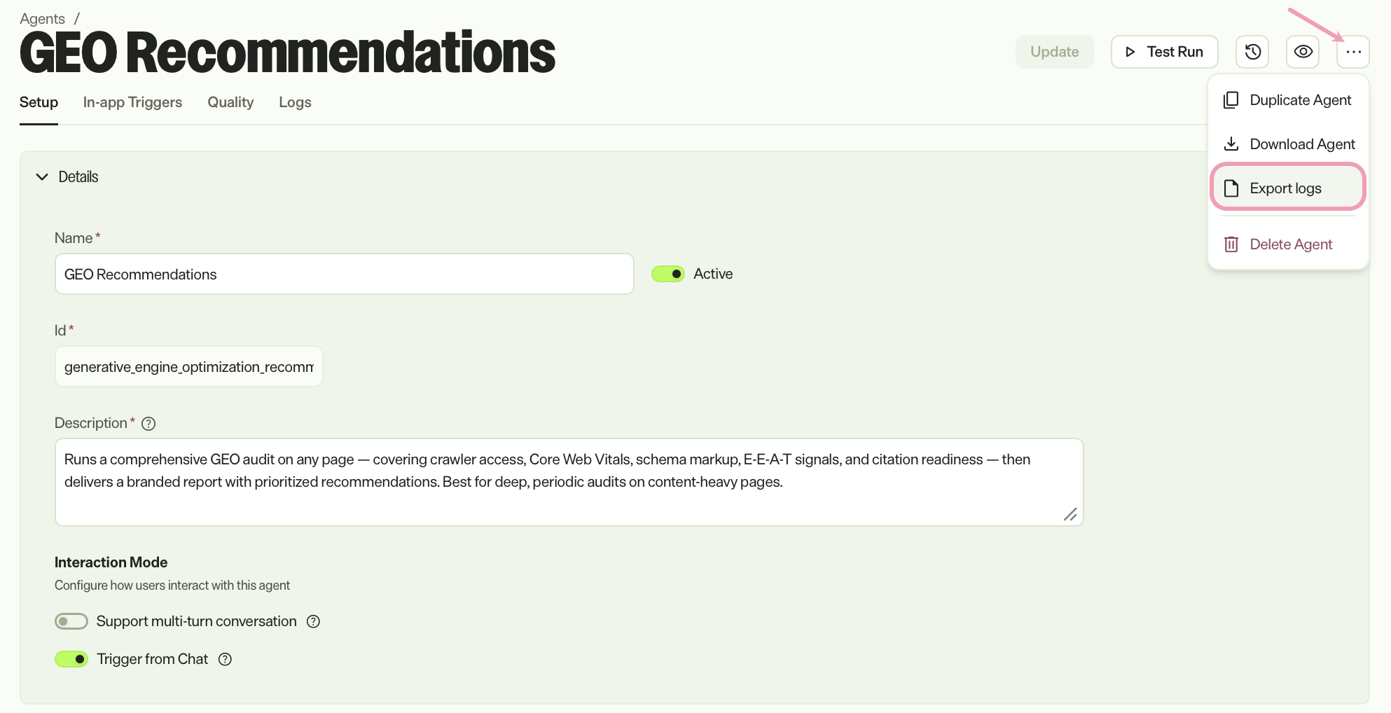 Screenshot of the agent editor in Opal where the More menu is open and Export logs is highlighted