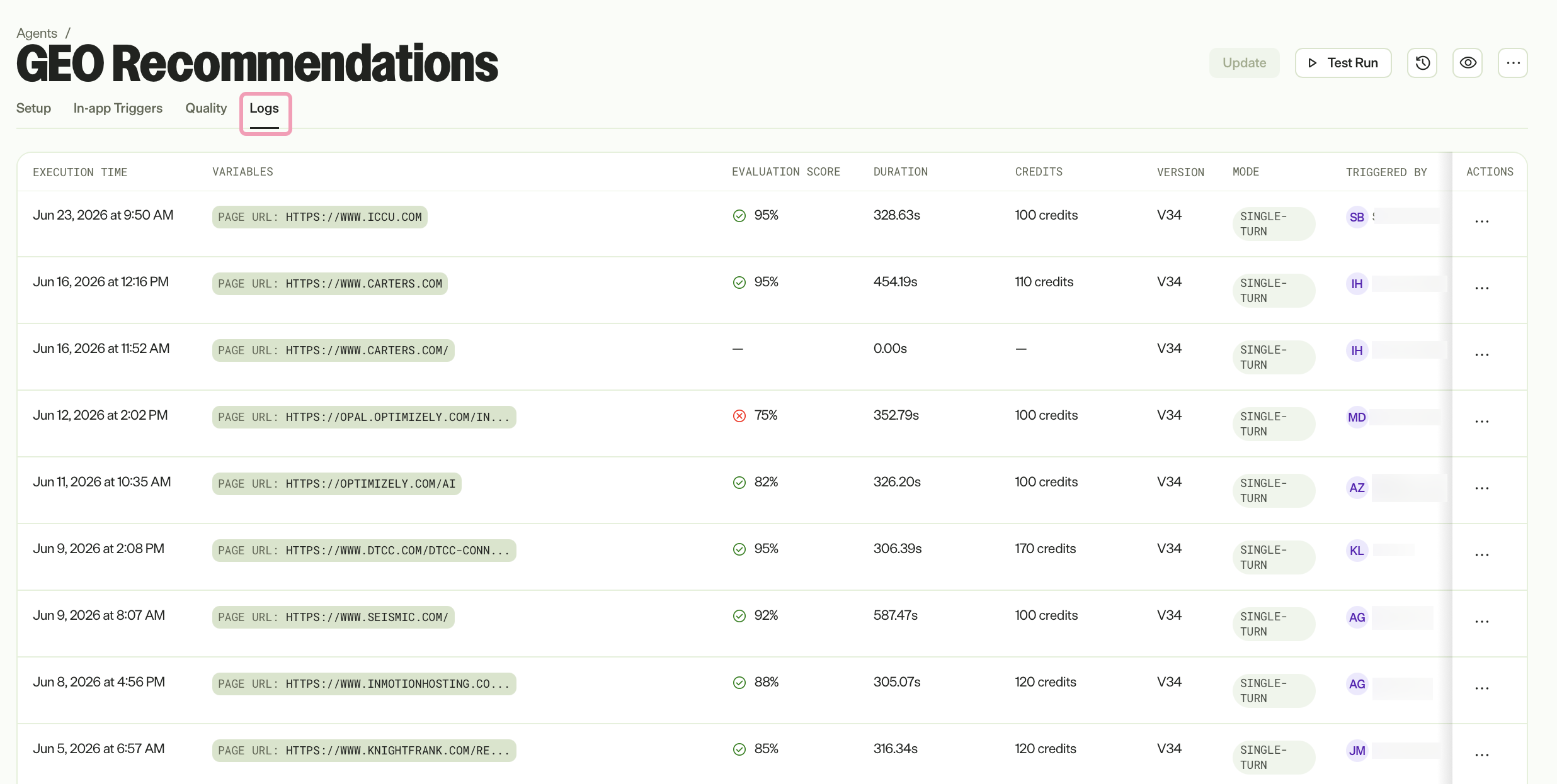 Screenshot of the agent editor in Opal where the Logs tab is selected