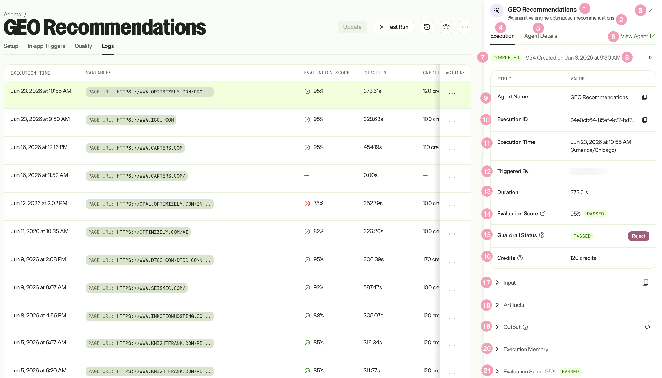 Screenshot of the specialized agent logs panel in Opal where a Completed execution is open with labeled fields