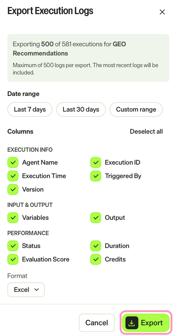 Screenshot of the Export logs panel in Opal where the Format drop-down list is open showing CSV and Excel options