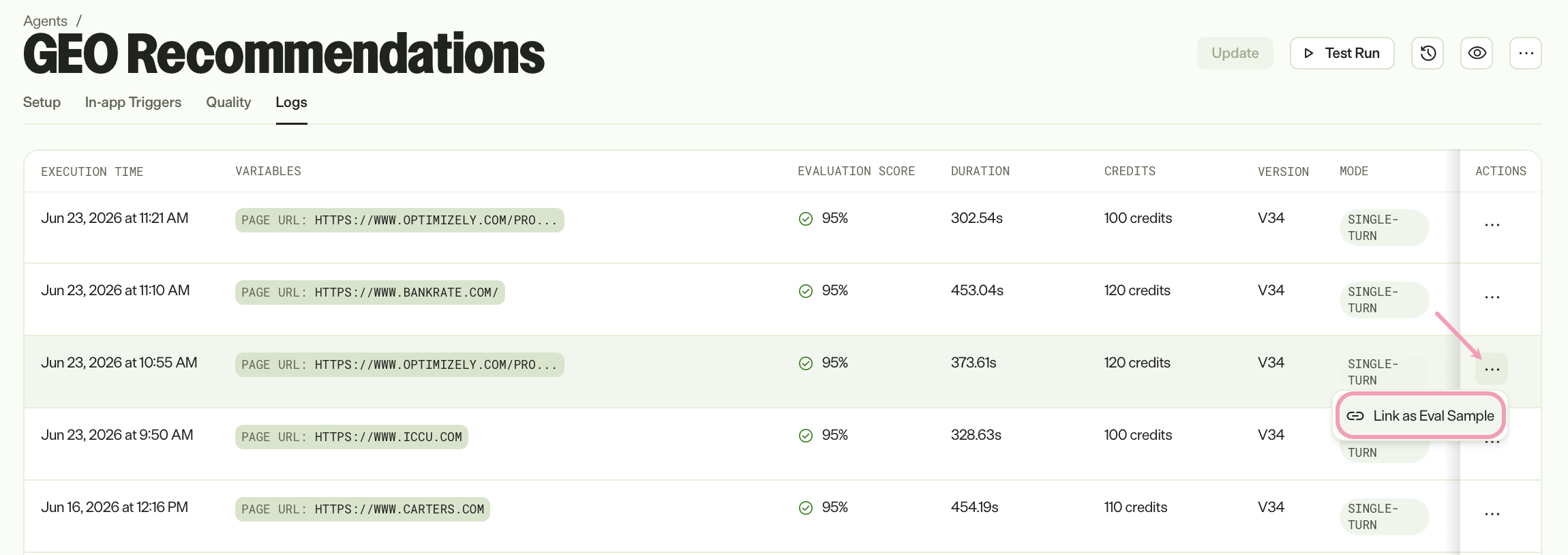 Screenshot of the specialized agent logs in Opal where the More menu for an execution is open and Link as Eval Sample is highlighted