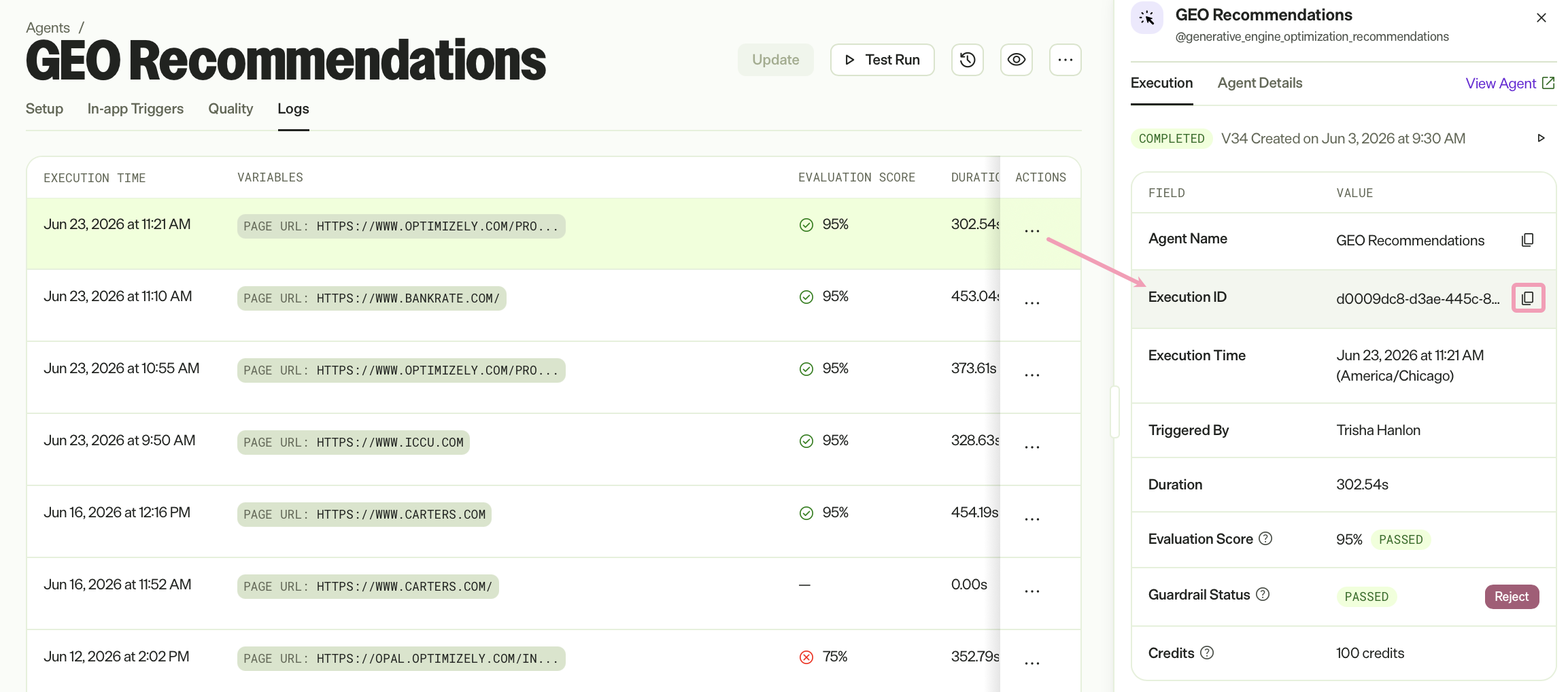 Screenshot of the specialized agent logs panel in Opal where the Execution ID field is highlighted with a Copy button