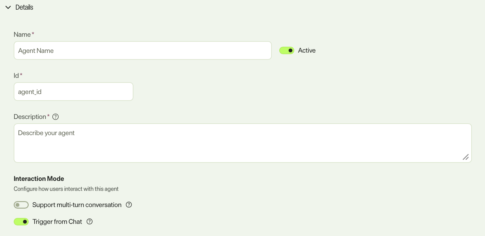 Screenshot of an empty Details section of a specialized agent