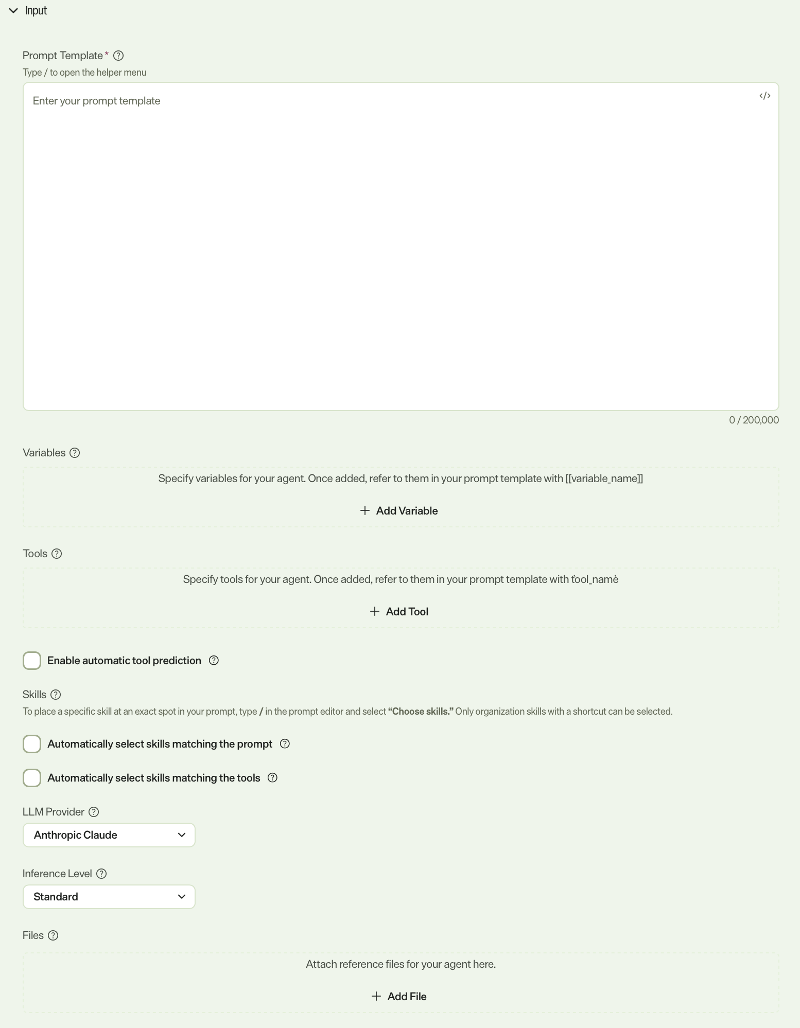 Screenshot of an empty Input section of a single-shot specialized agent