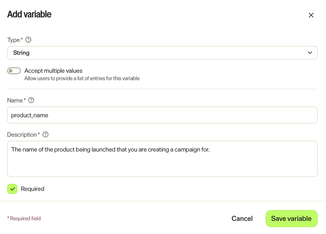 Screenshot of the Add variable screen with an example variable configured.