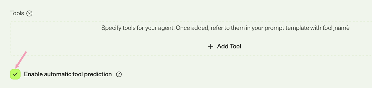 Screenshot of creating a specialized agent in the tools section with Enable automatic tool prediction highlighted