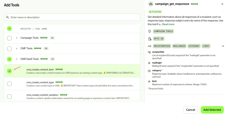 Screenshot of the tool selection panel in a specialized agent showing available tools organized by section with checkboxes