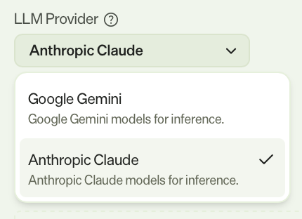 Screenshot of the LLM Provider drop-down list in a specialized agent showing the available LLM model options.