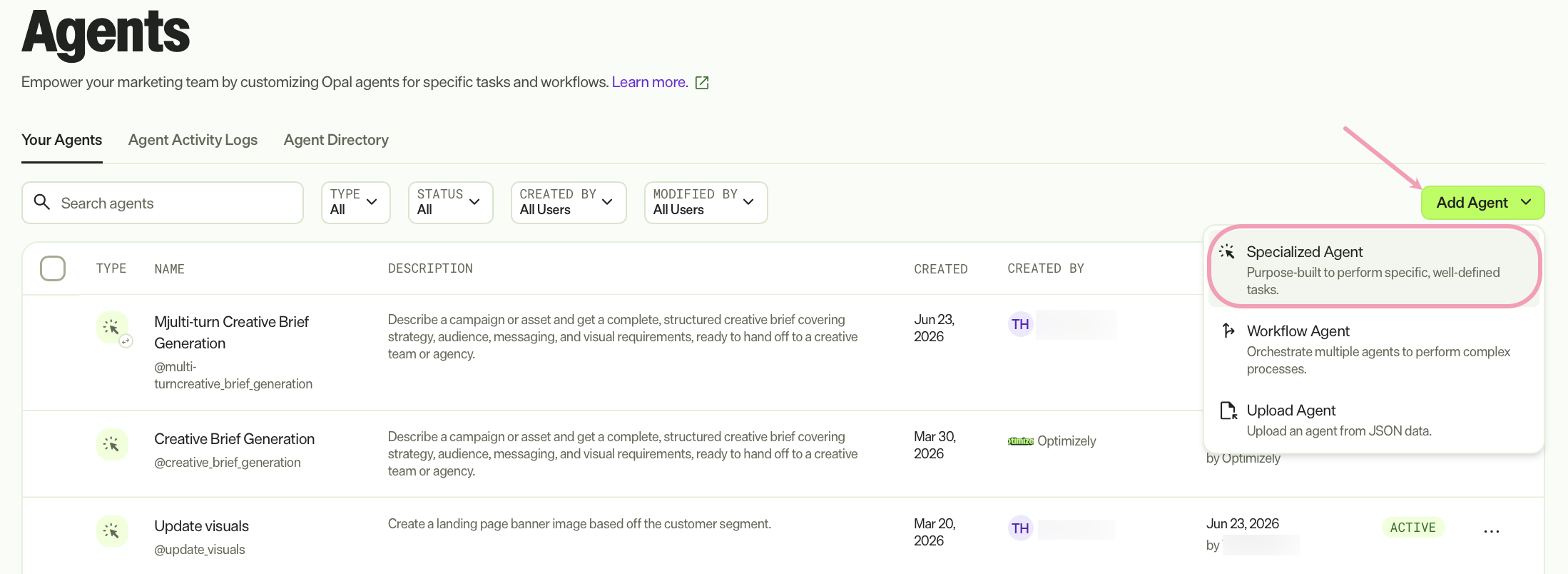 Screenshot of the Add Agent menu in Optimizely Opal where Specialized Agent is selected as the agent type