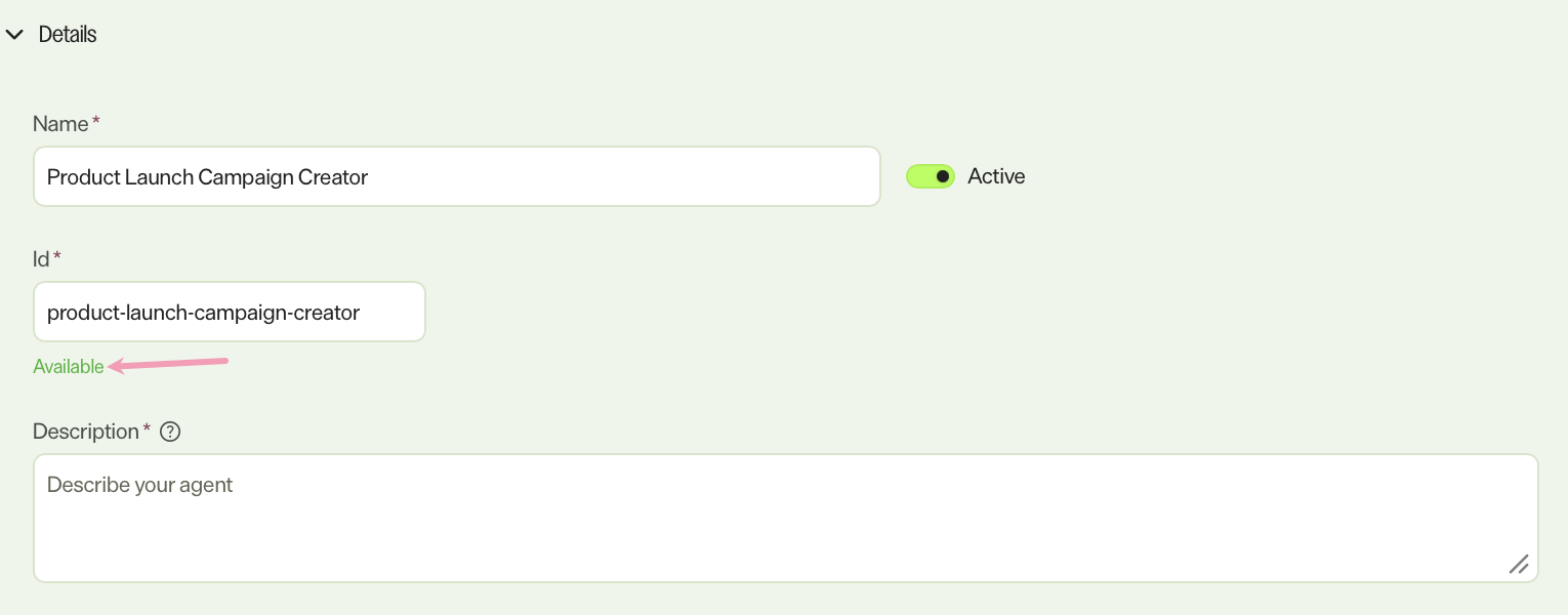 Screenshot of the Id field in a specialized agent showing the Available status
