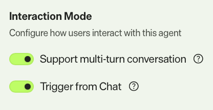 Screenshot of the interaction mode toggles in a specialized agent