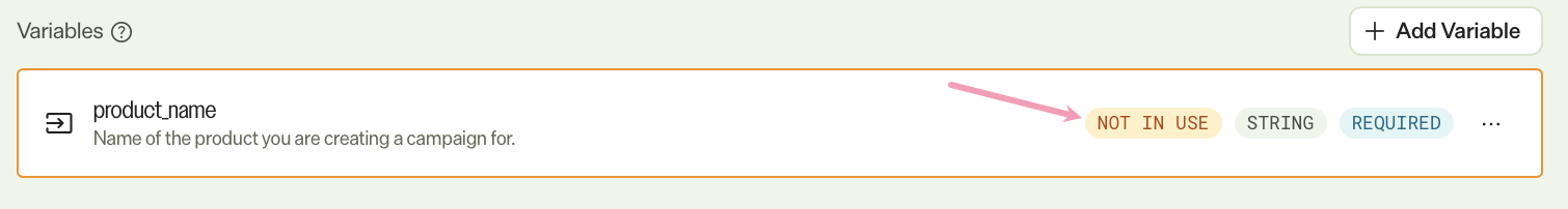 Screenshot of the Variables section in a specialized agent showing a Not in use warning beside an unreferenced variable