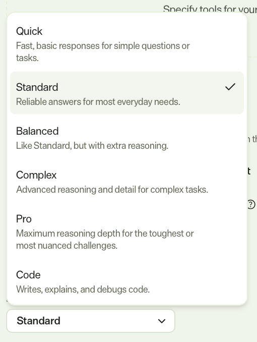 Screenshot of the Inference Level drop-down list in a specialized agent showing the available inference level options.