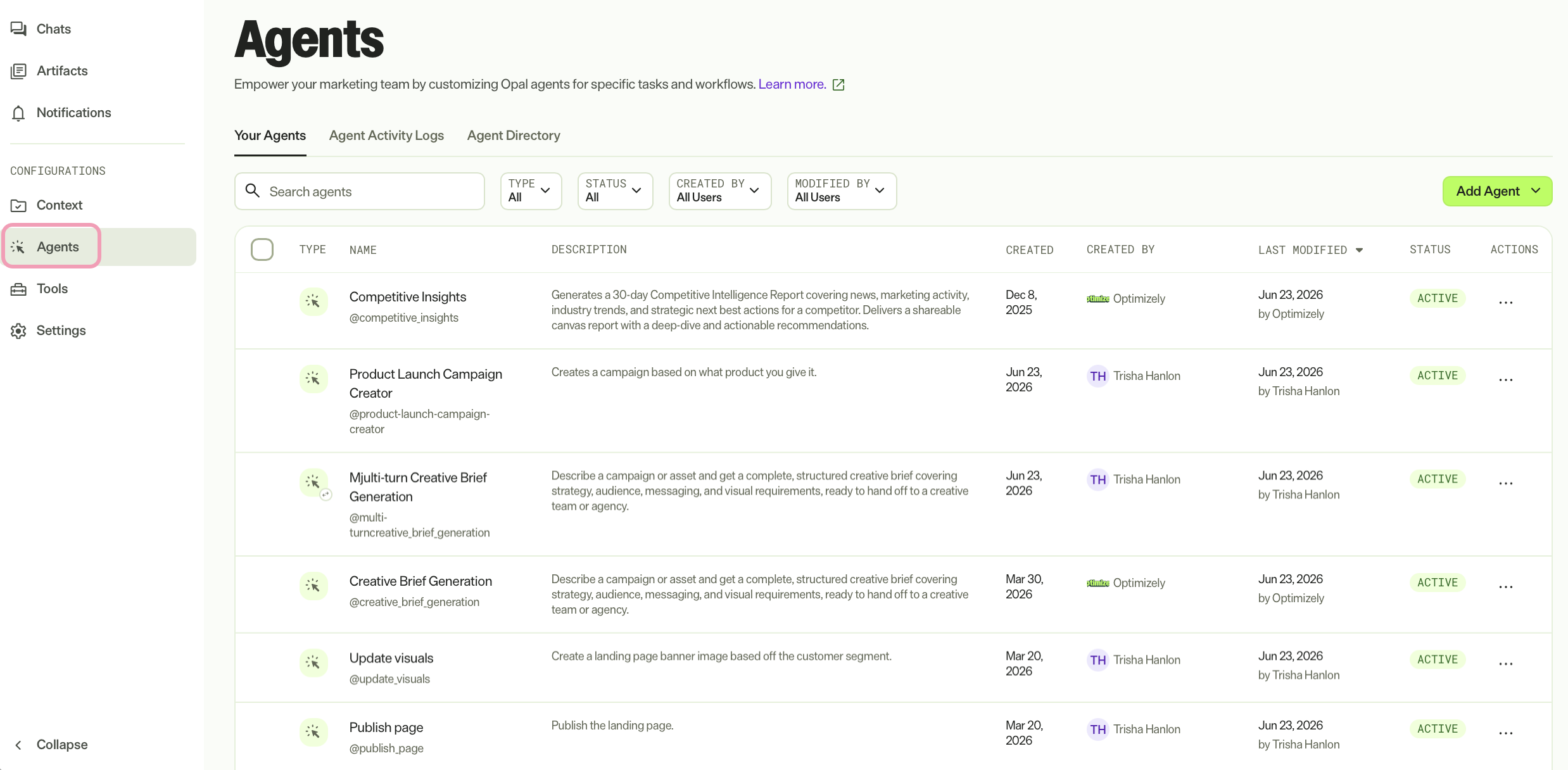 Screenshot of Opal with the Agents page selected.