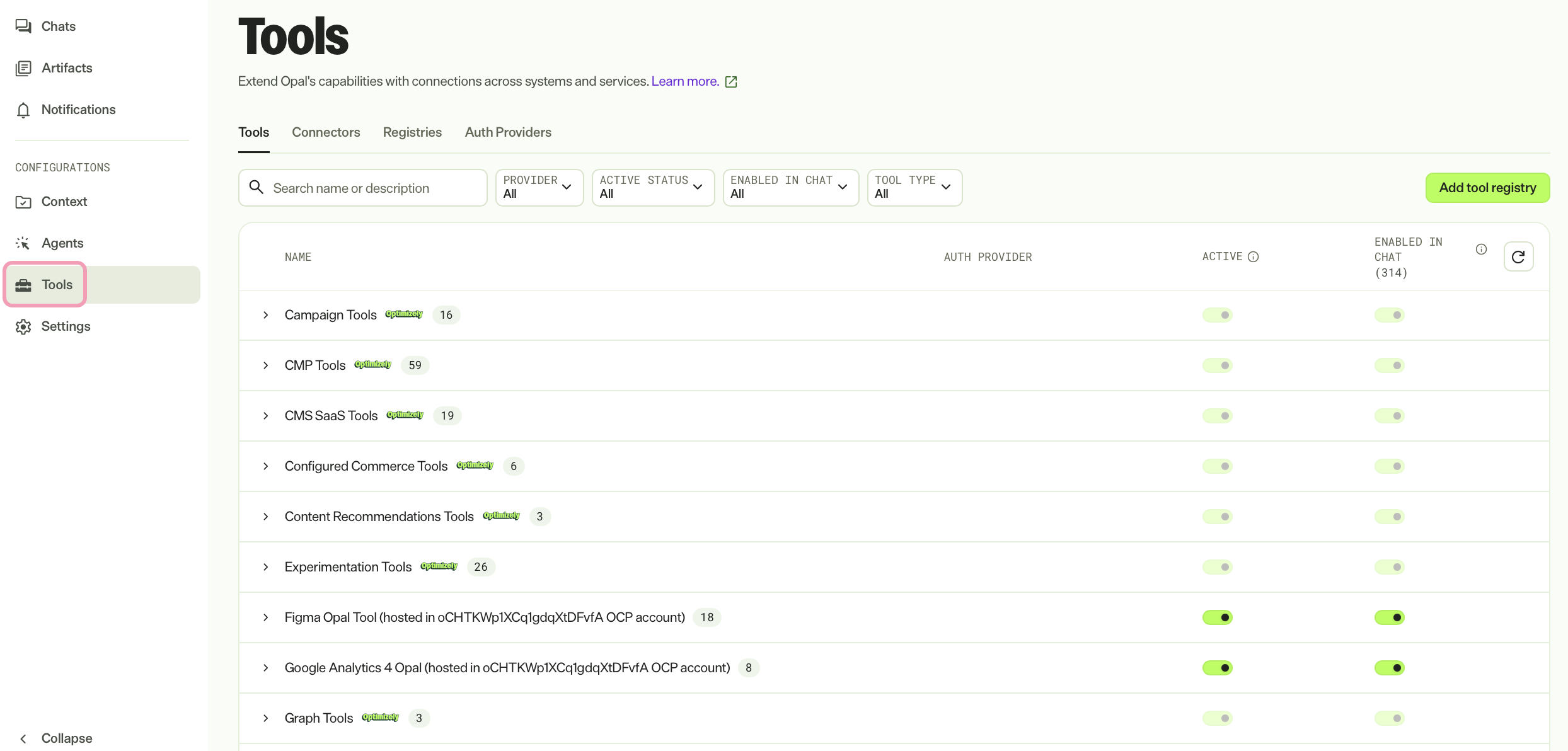 Screenshot of Opal with the Tools page selected.
