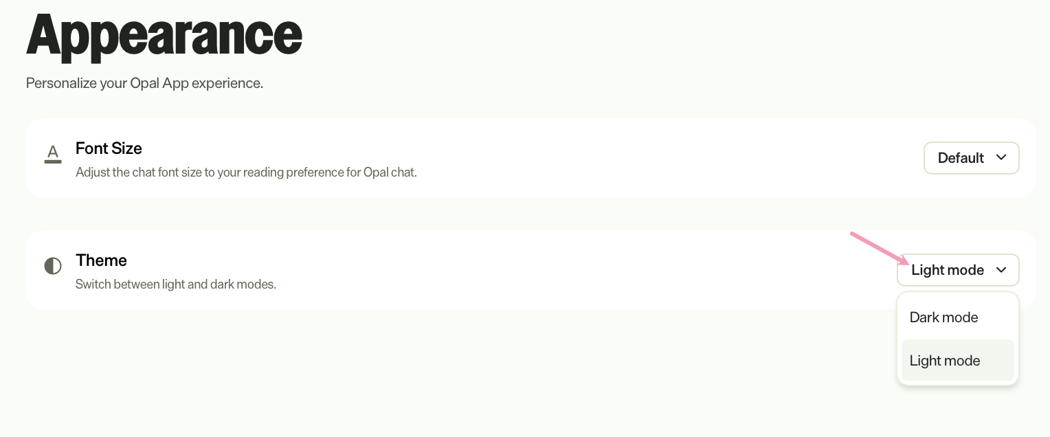 Screenshot of the Appearance settings page where the Theme drop-down list is expanded to display available theme options