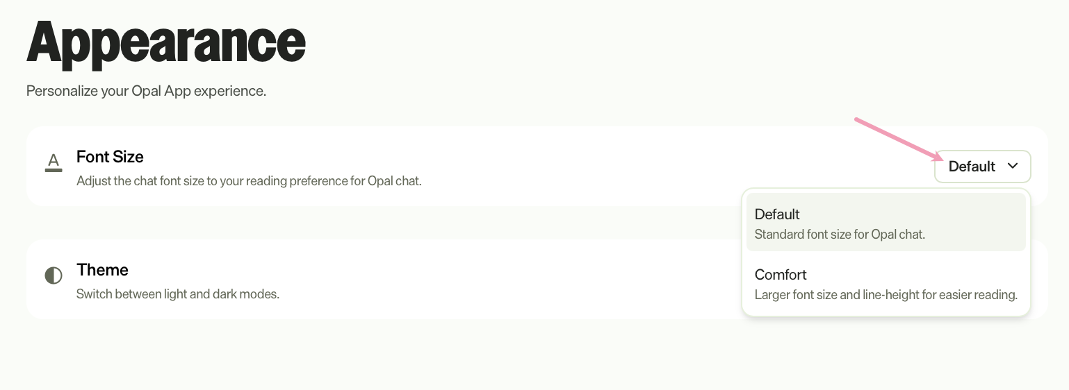 Screenshot of the Appearance settings page where the Font Size drop-down list is expanded to display available size options