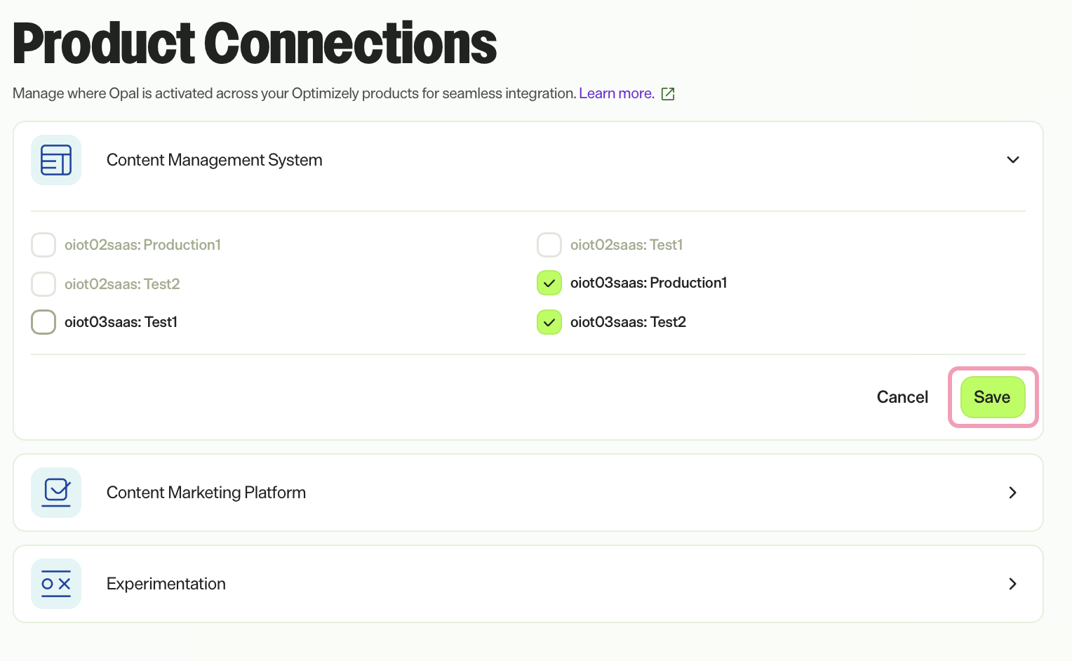 screenshot of the Product Connections page with two new connections selected and save highlighted.