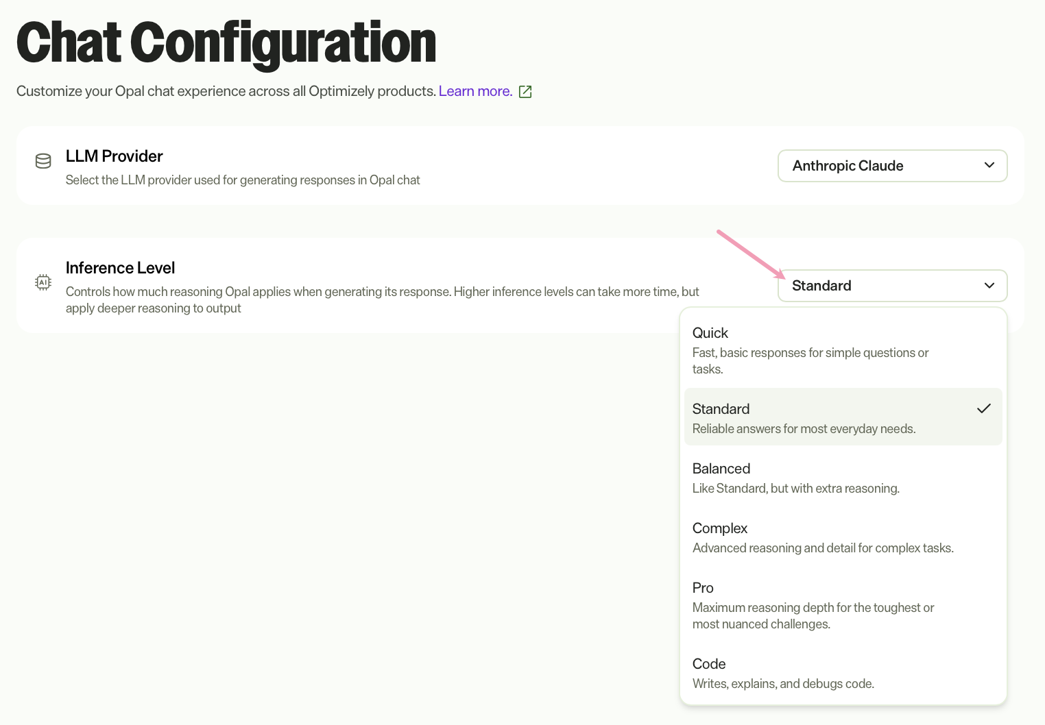 Screenshot of the Chat Configuration page with the Inference Level drop-down list highlighted.