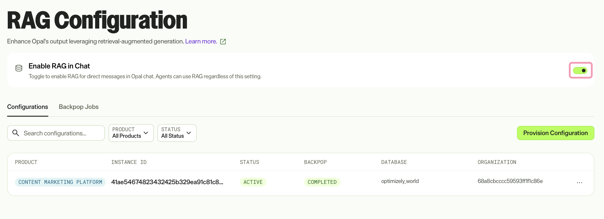 Screenshot of the RAG Configuration page with the Enable RAG in Chat toggle highlighted.