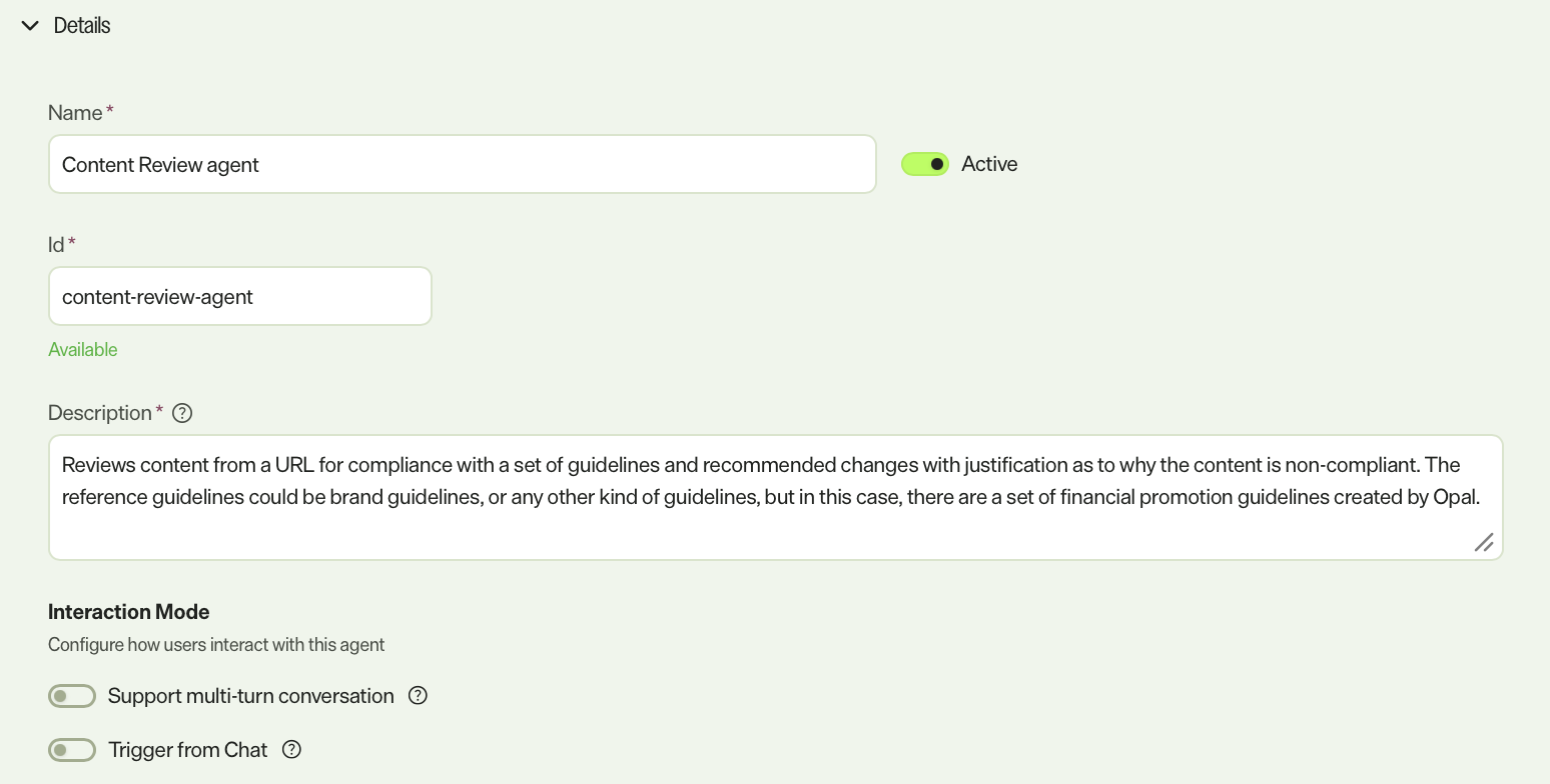 Screenshot of the Content Review agent Details section with Multi-turn toggled off and Enabled in Chat toggled off