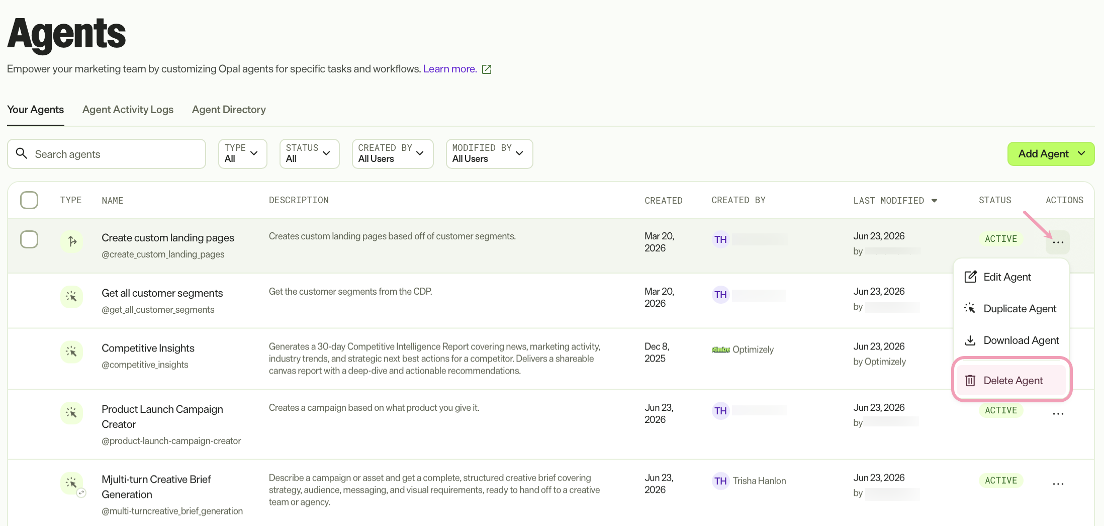 Screenshot of the Agents page with the More options menu expanded and Delete Agent highlighted.