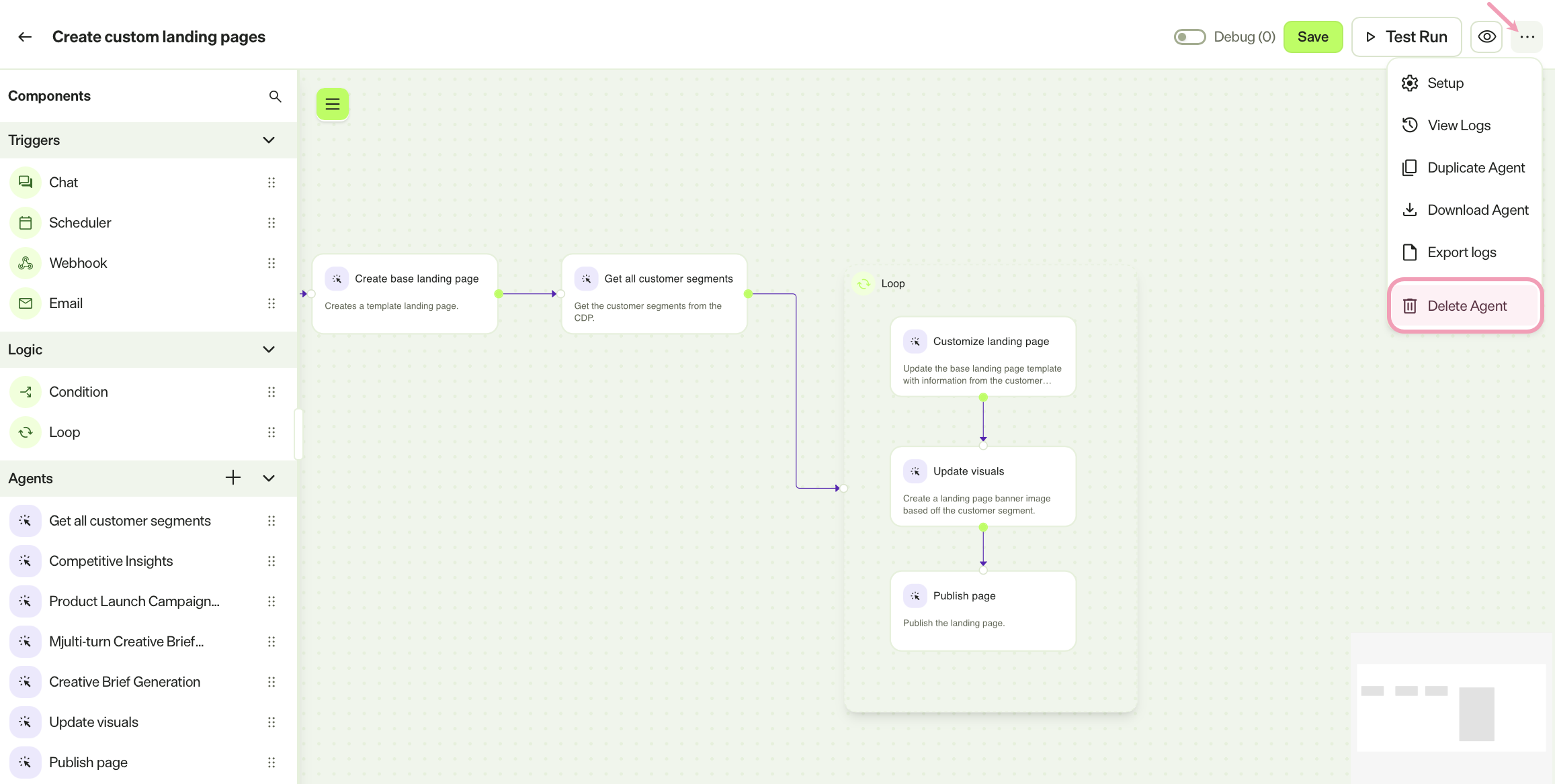 Screenshot of a workflow agent with the more options expanded and Delete Agent highlighted.