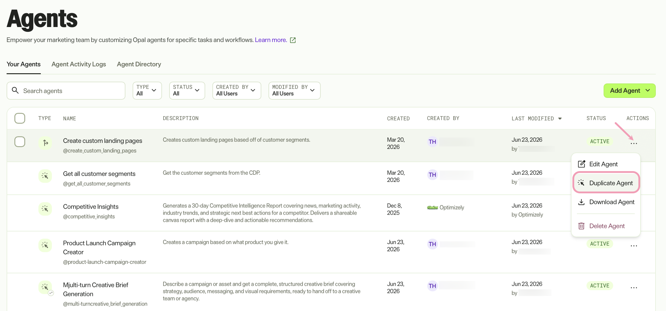 Screenshot of the Your Agents tab with duplicate agent highlighted.