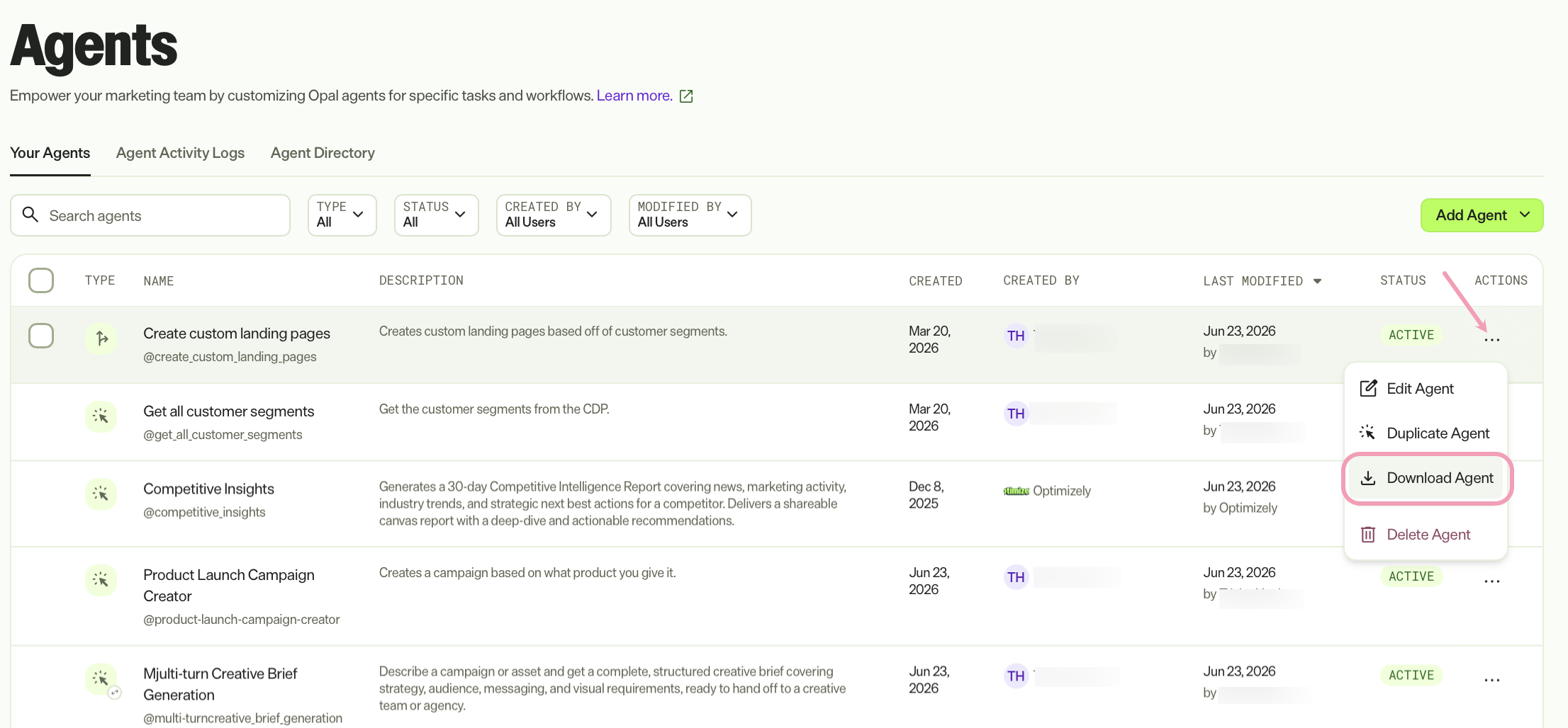 Screenshot of the your agents tabs wit Download Agent highlighted