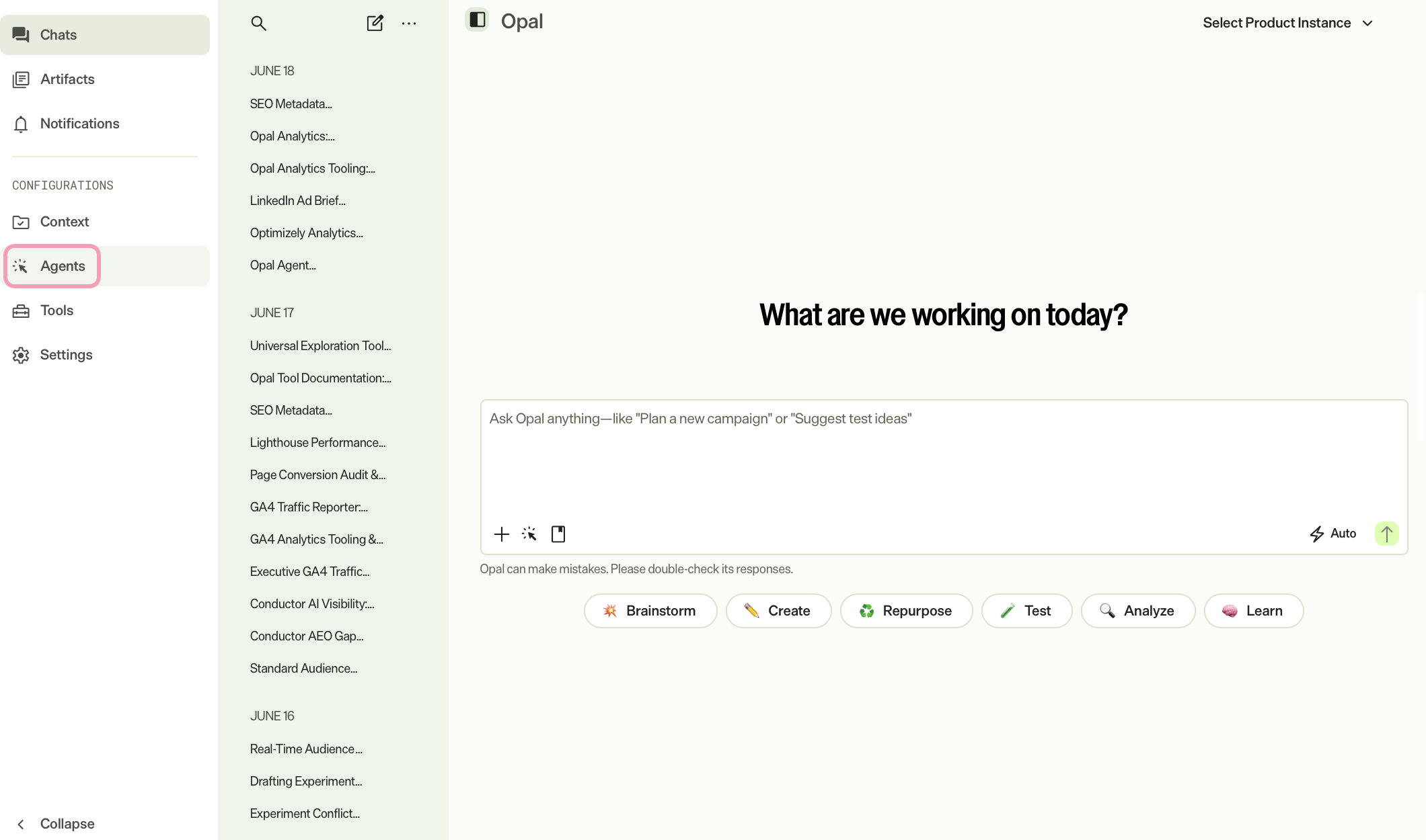 Screenshot of the Agents page in Opal where the list of agents is displayed