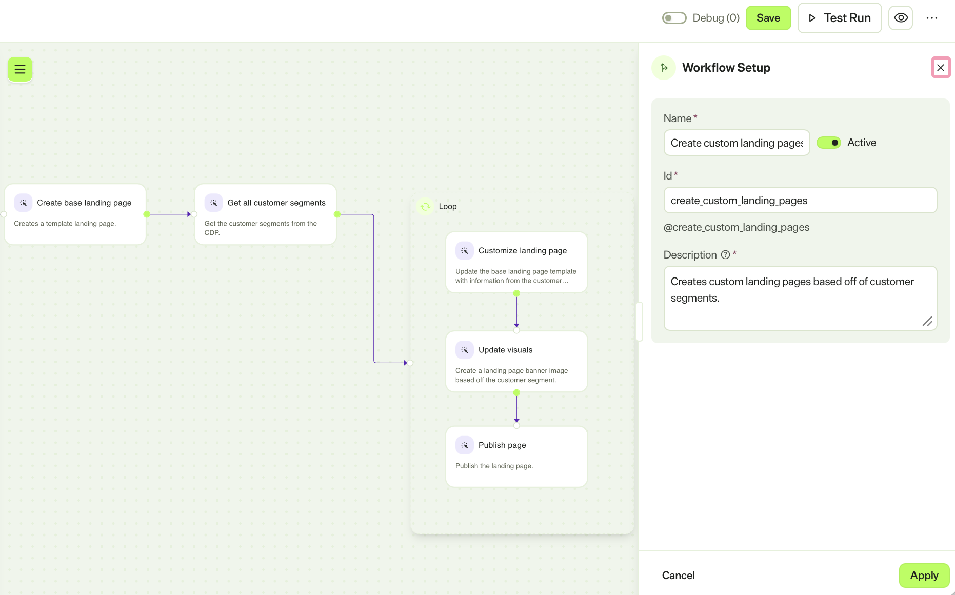 Screenshot of Close in the Workflow Setup panel.