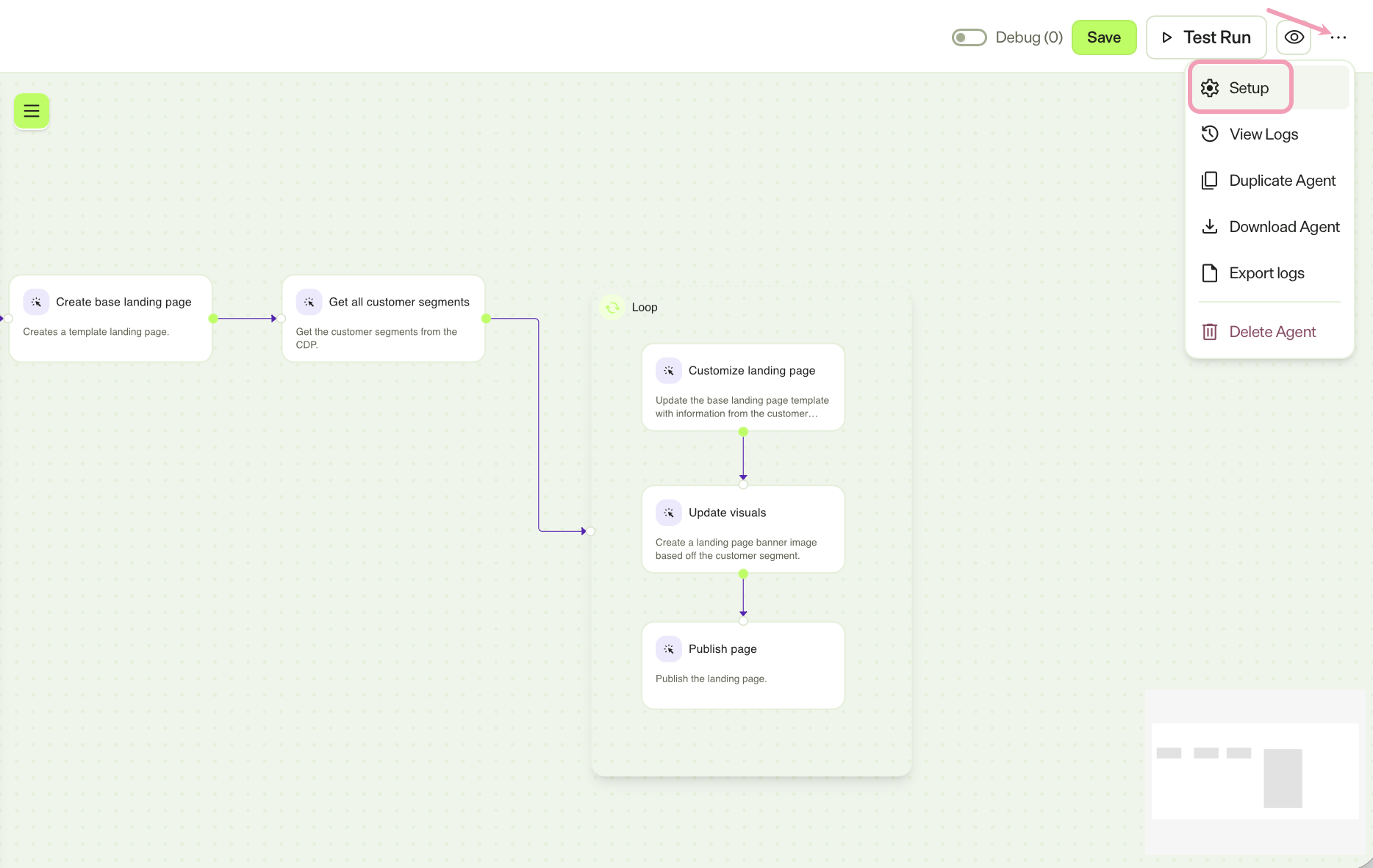 Screenshot of a workflow with the more options menu expanded and Setup highlighted.