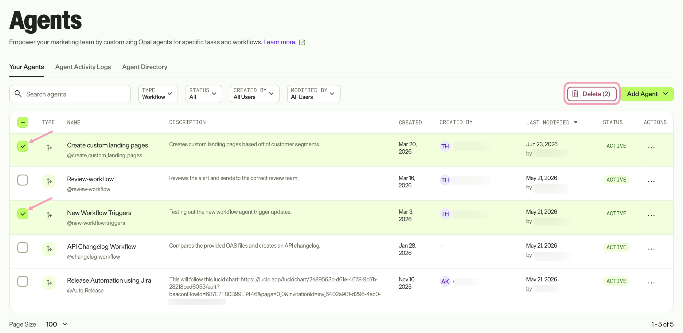 Screenshot of the Your Agents tab with two agents selected and Delete highlighted.