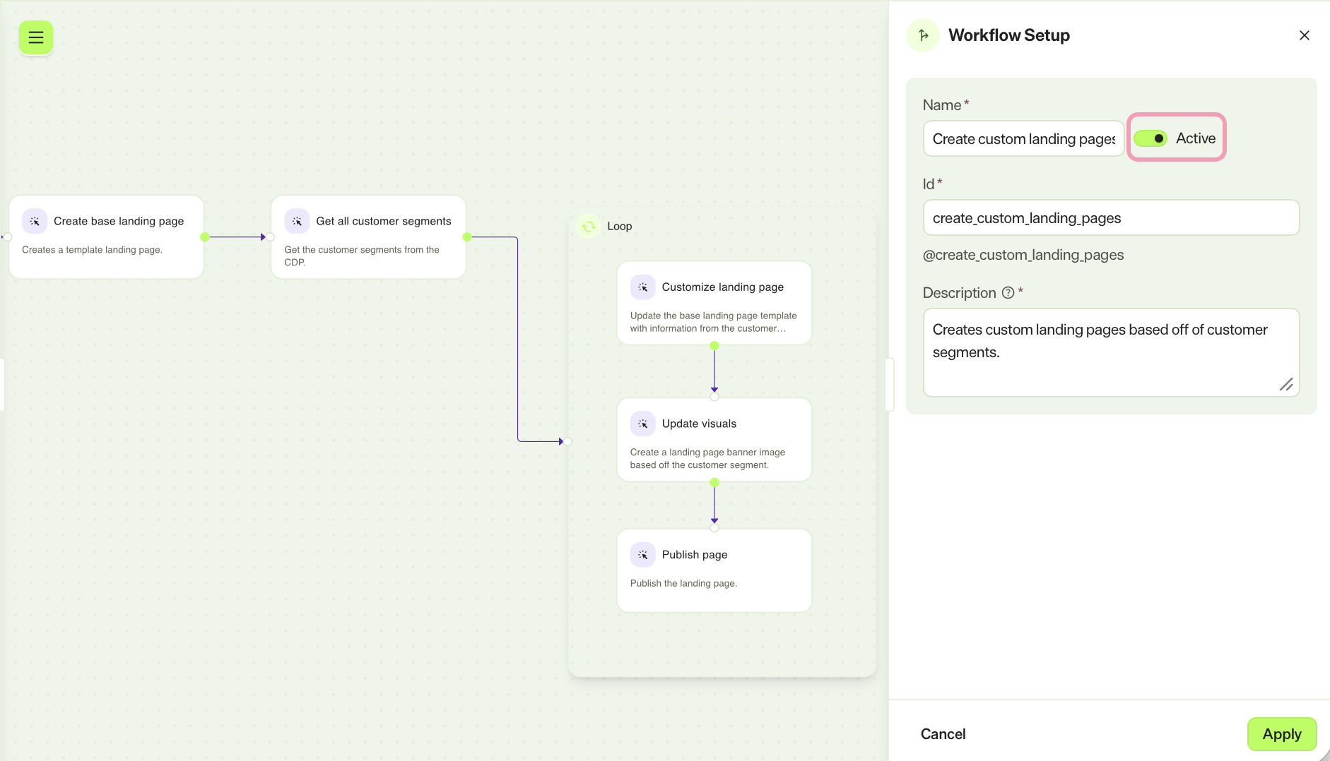 Screenshot of a workflow agent with the Active toggle highlighted.