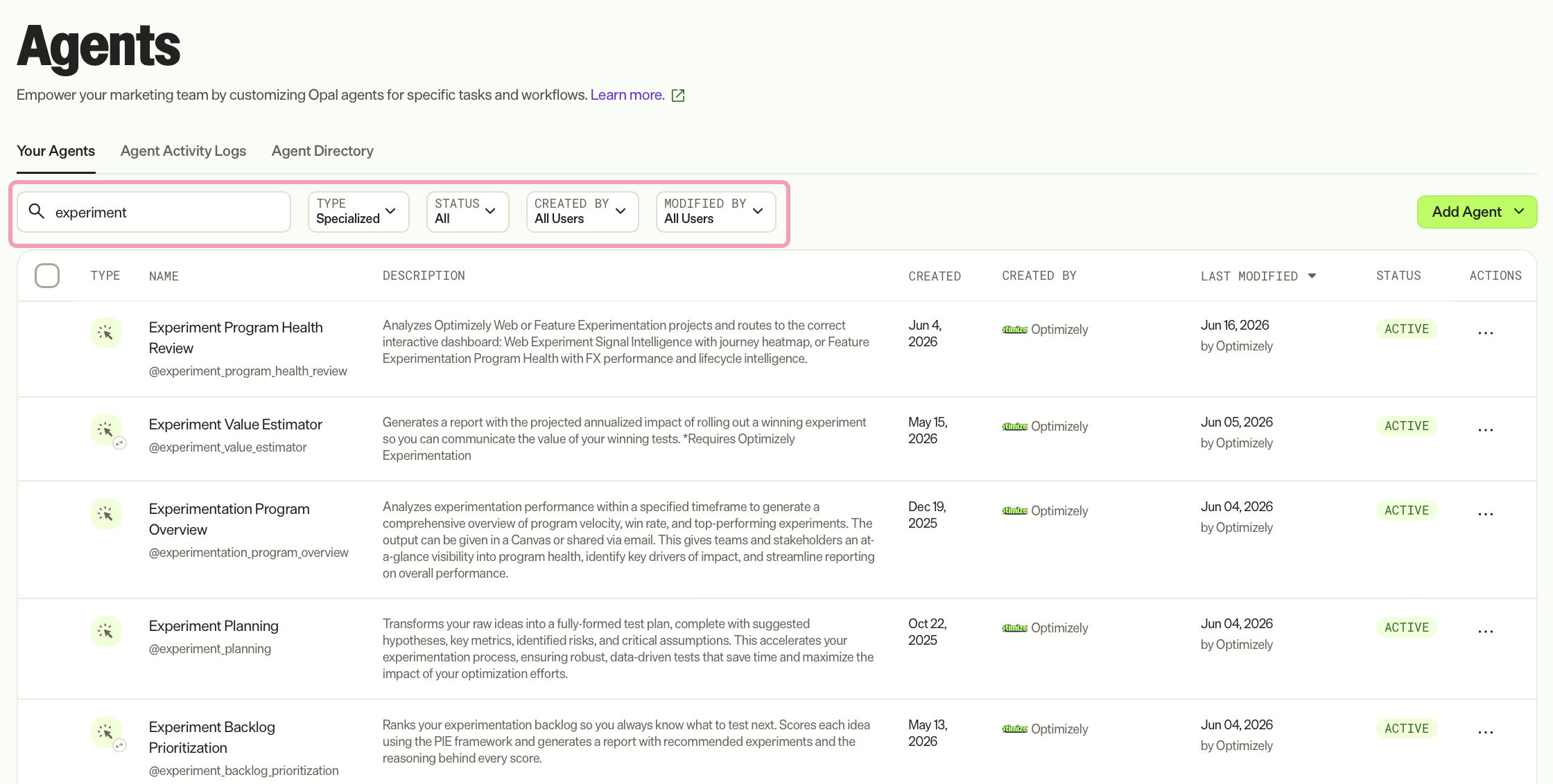 screenshot of the Your Agents tab showing the Search field, Type, Status, Created by, and Modified by filters above the agent list.