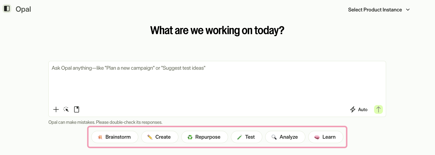 Screenshot of an Opal Chat conversation where the category pill buttons display at the bottom of the chat input.