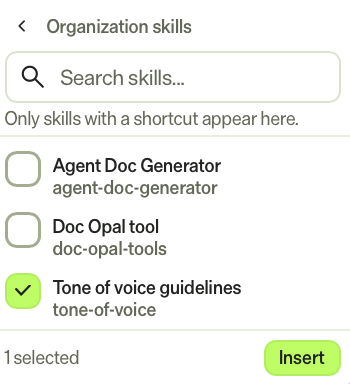 Screenshot of the Organization skills picker with Tone of voice guidelines skill selected.