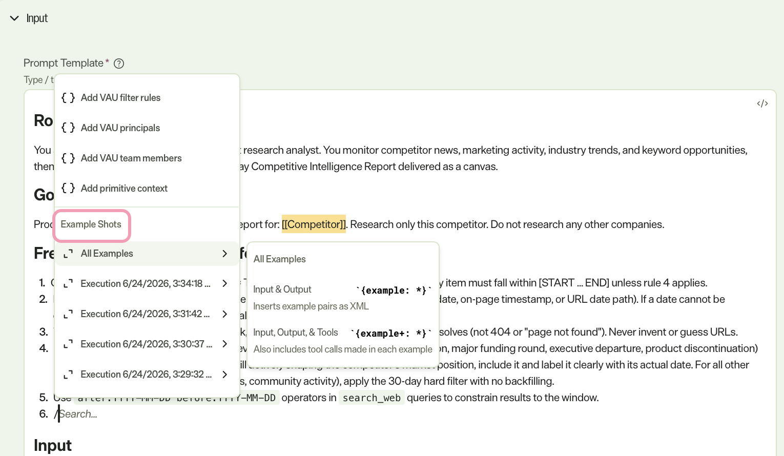 Screenshot of the Example shot section in the prompt editor showing the available example shot types