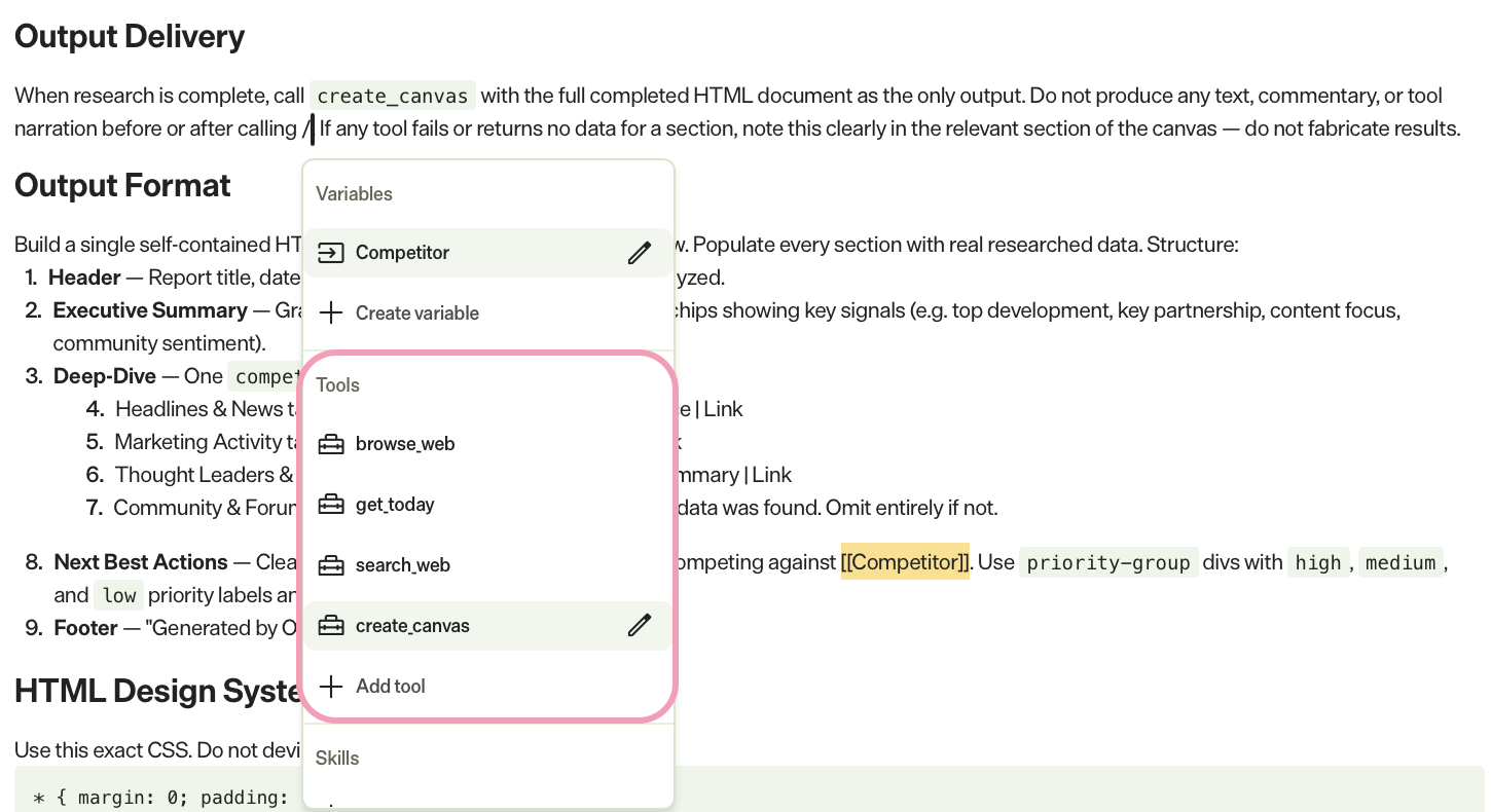 Screenshot of adding a tool to a prompt in a specialized agent