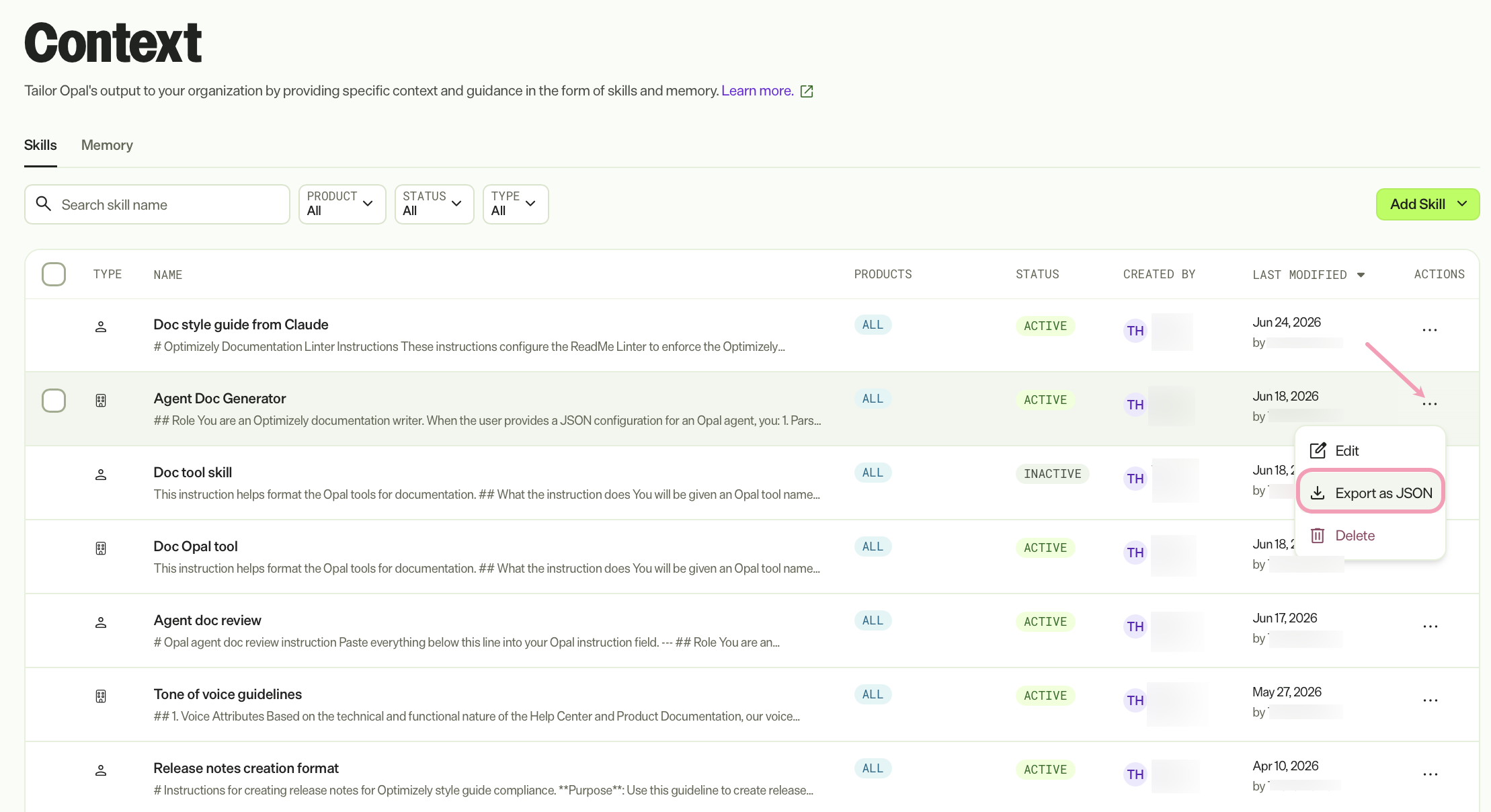 Screenshot of the Skills tab with a skill highlighted with Export as JSON highlighted.