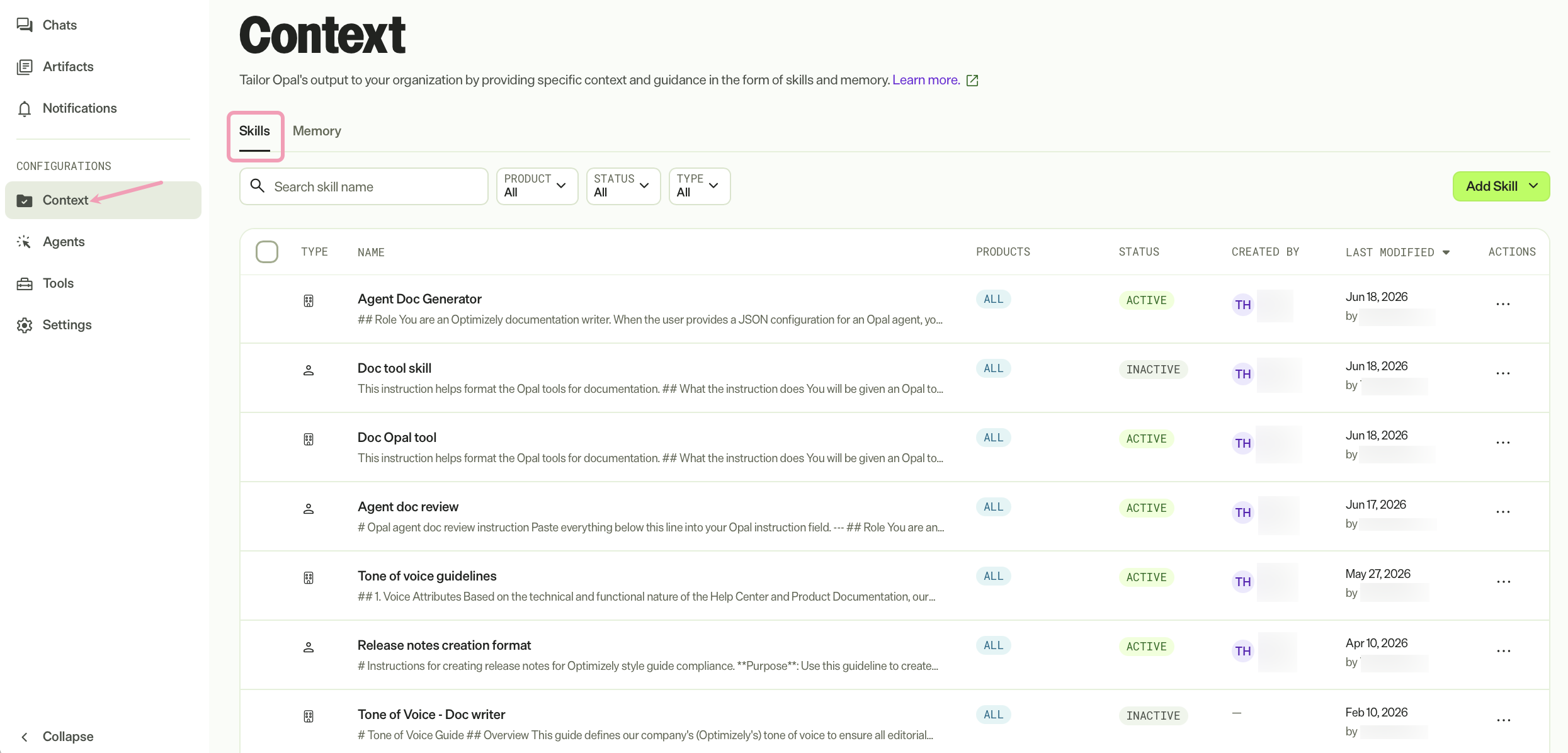 Screenshot of Opal with the Context page selected and the Skills tab highlighted.