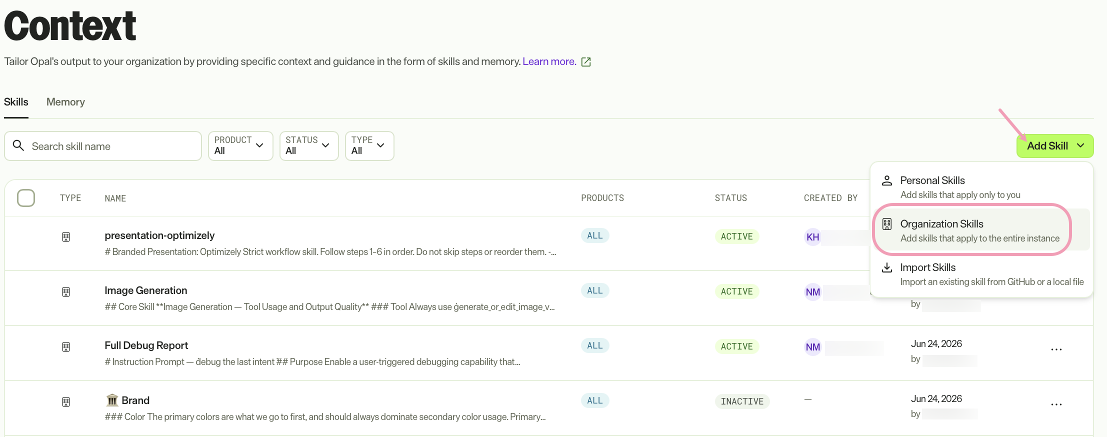 Screenshot of the Skills tab with create Organization Skills highlighted.