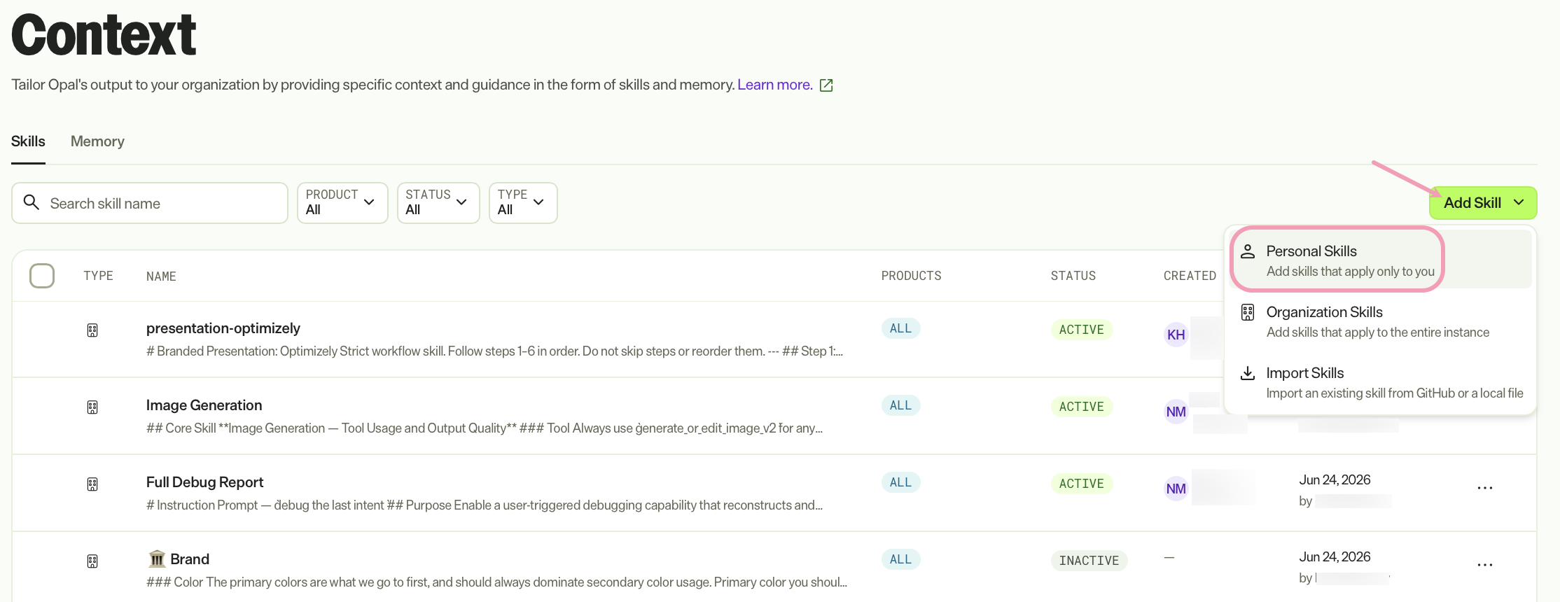 Screenshot of the Skills tab with the create Personal Skills highlighted.