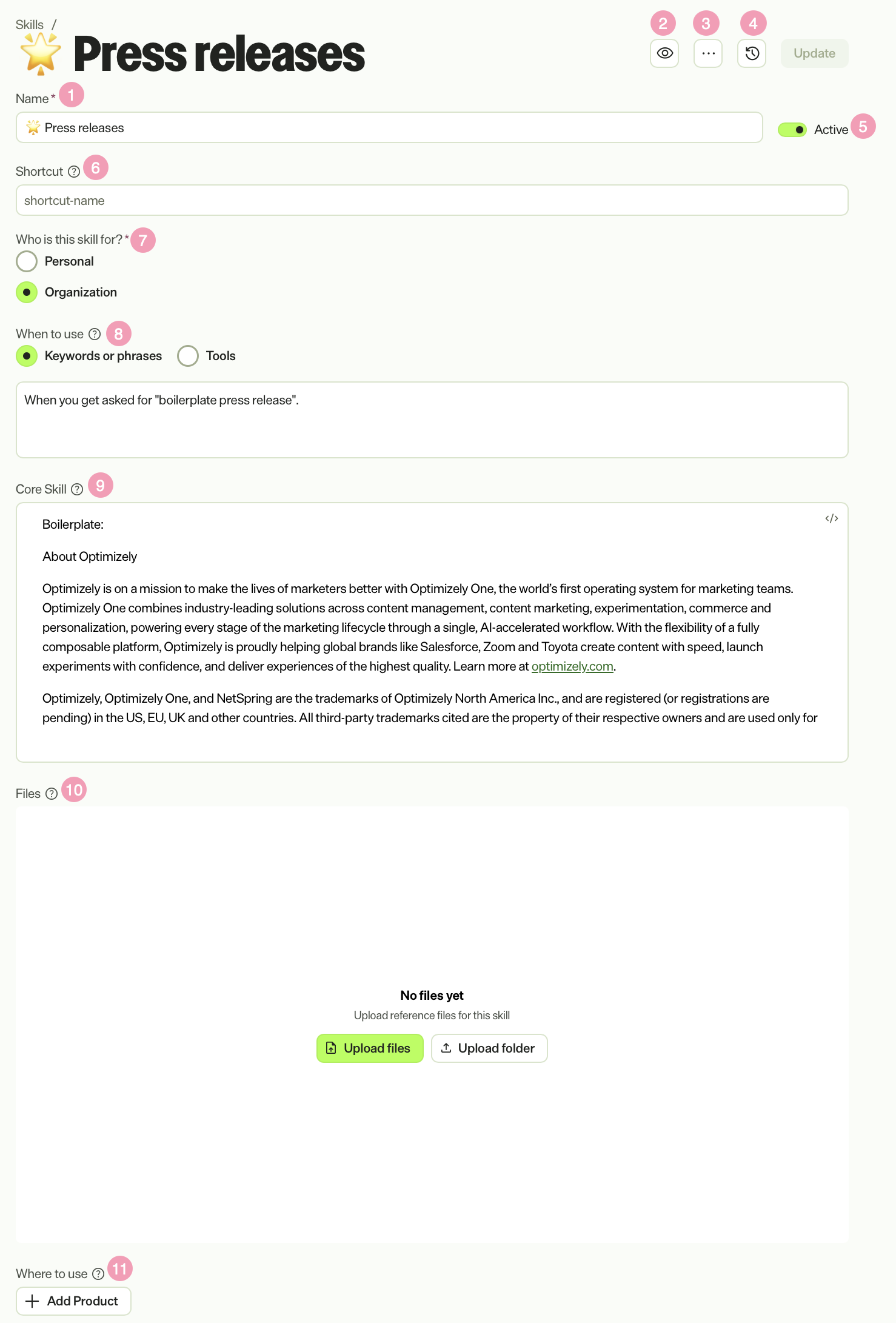 Screenshot of an example skill named Press releases with numbers corresponding to the different parts of the skill.