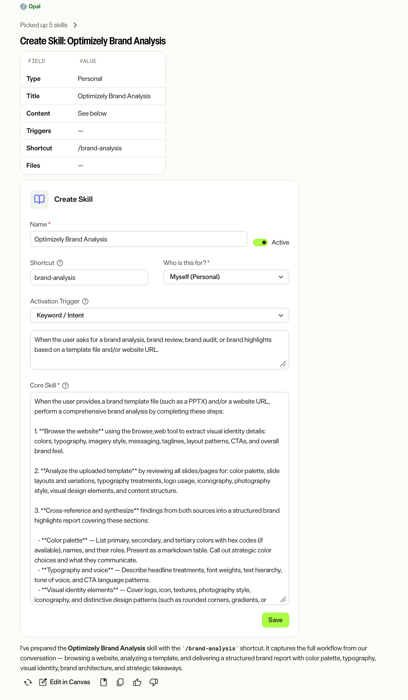 Screenshot of Opal Chat with the Create Skill action card highlighted