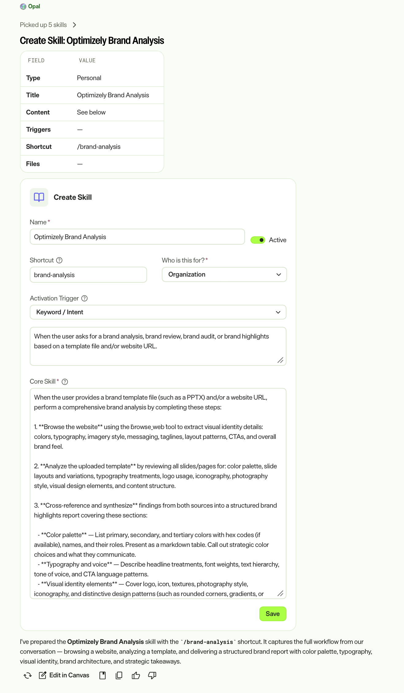 Screenshot of Opal Chat with a Create Skill card highlighted.