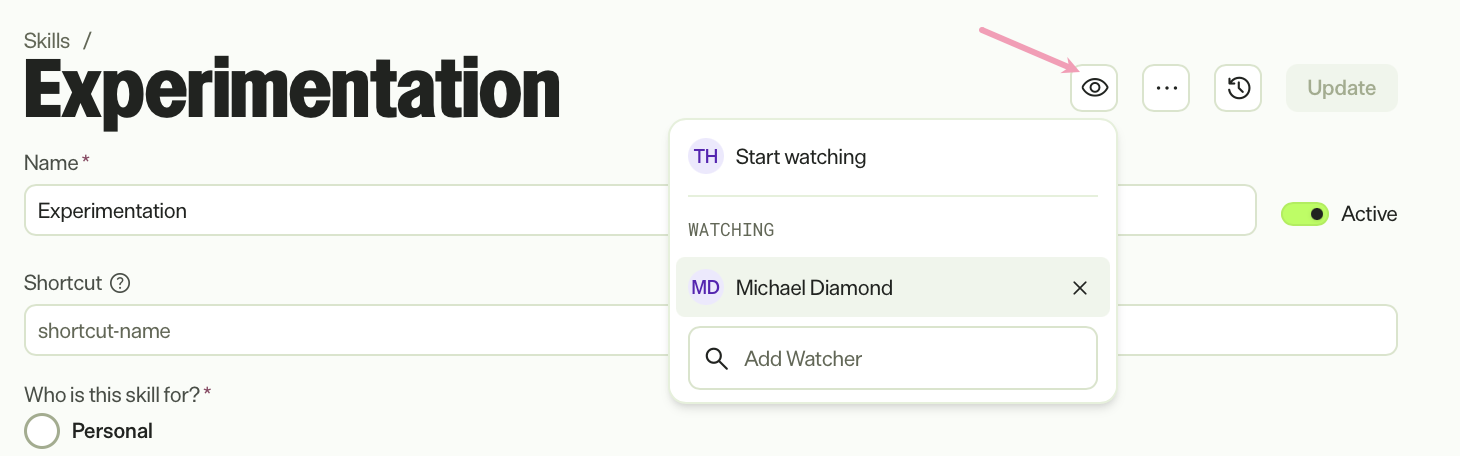 Screenshot of the Skill page with the Watchers highlighted