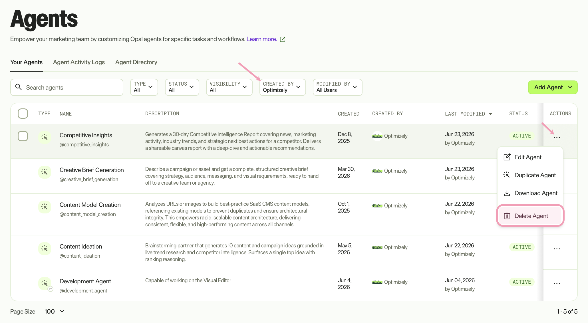 Screenshot of the Your Agents tab with the Created by and delete agent highlighted.