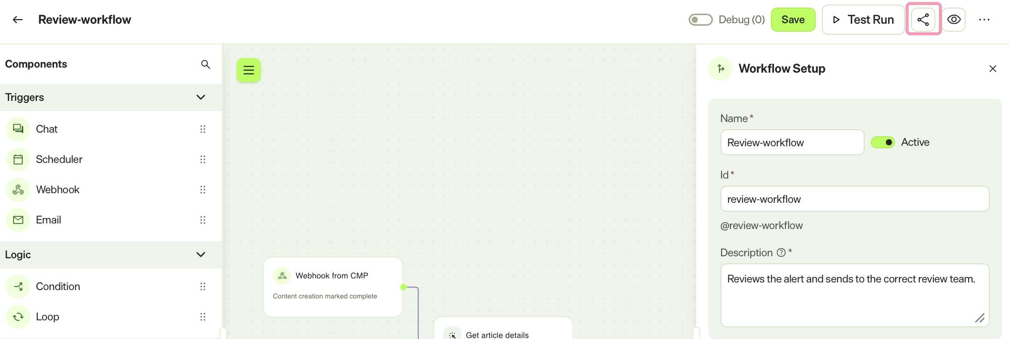 Screenshot of a Workflow agent with the Share highlighted.