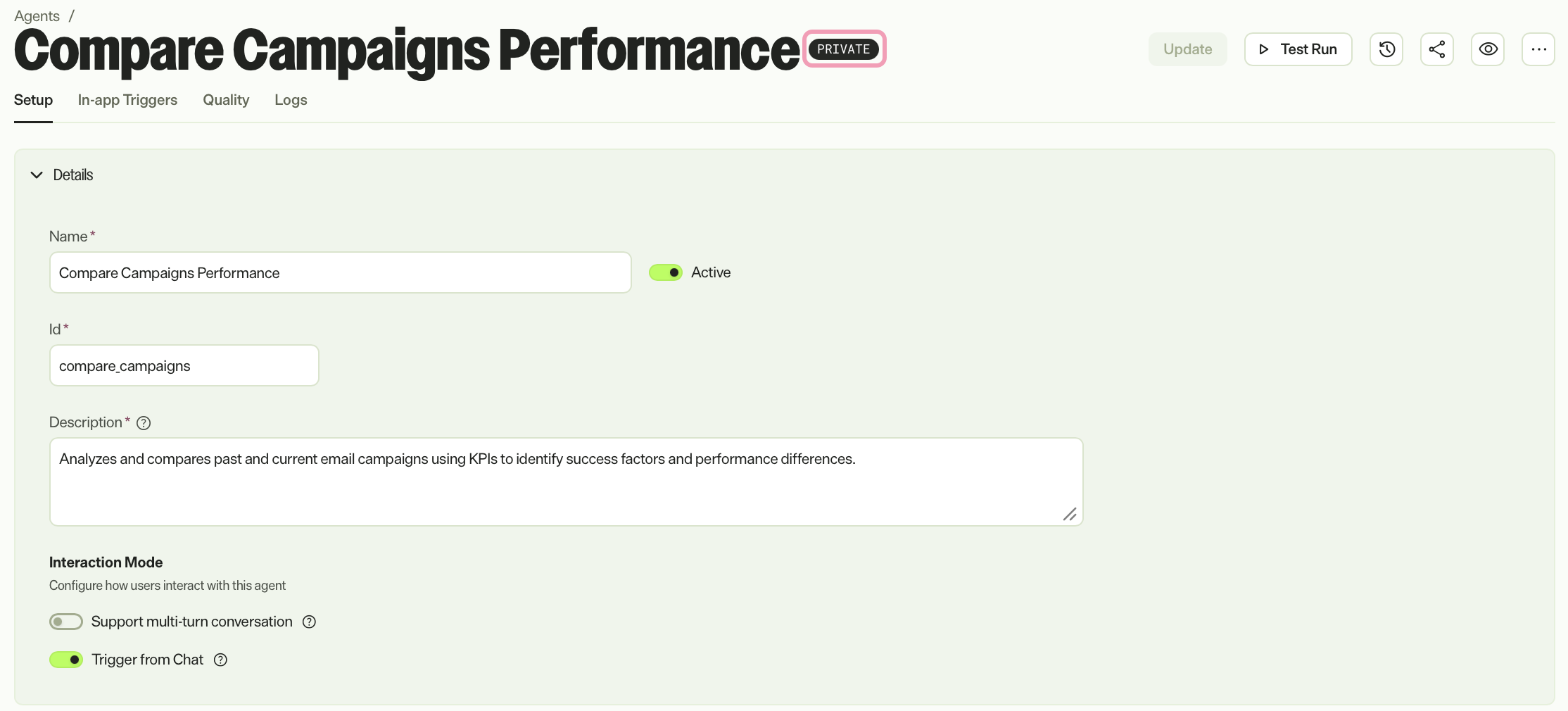 Agent details header a agent where the Private visibility badge is highlighted.